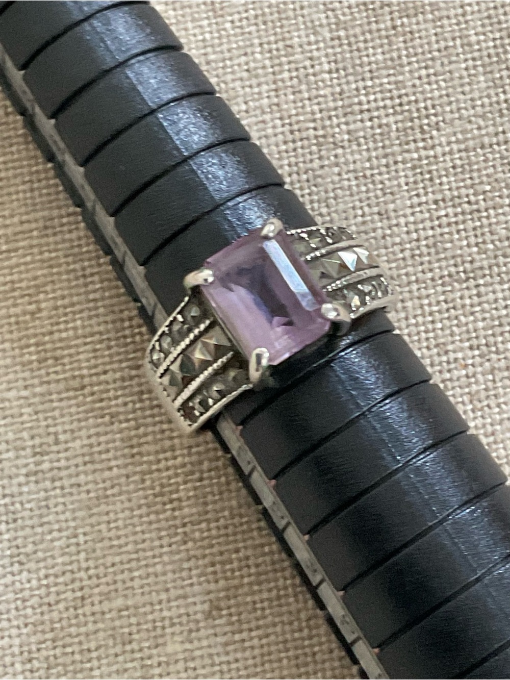 Vintage 925 Sterling Silver Amethyst Marcasite Ring Size 6 Art Deco Style - Picture 10 of 14
